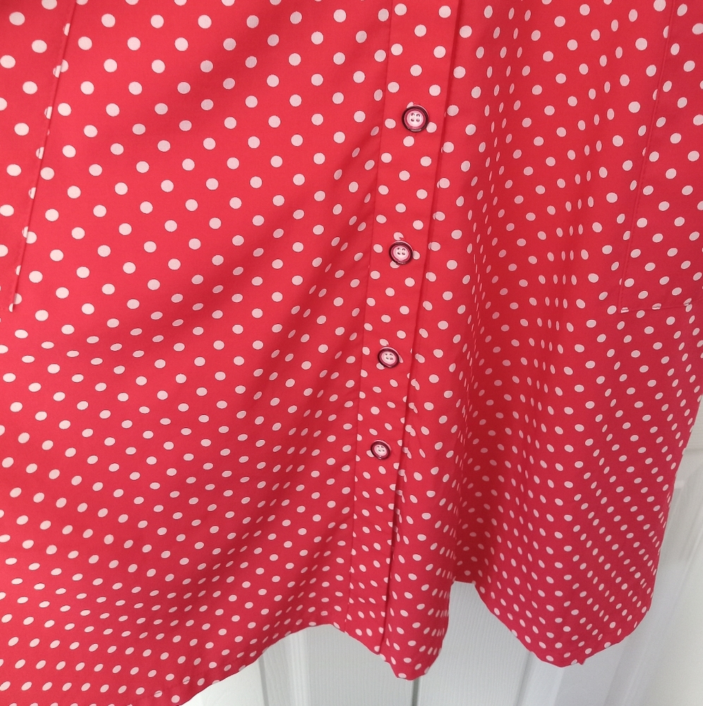 Polka Dot Dress Red A Line Button Up V Neck Midi Ties Large - Picture 3 of 8